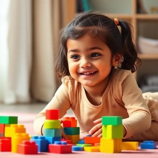 Young child building with colourful BIS-certified wooden blocks on MiKhelu
